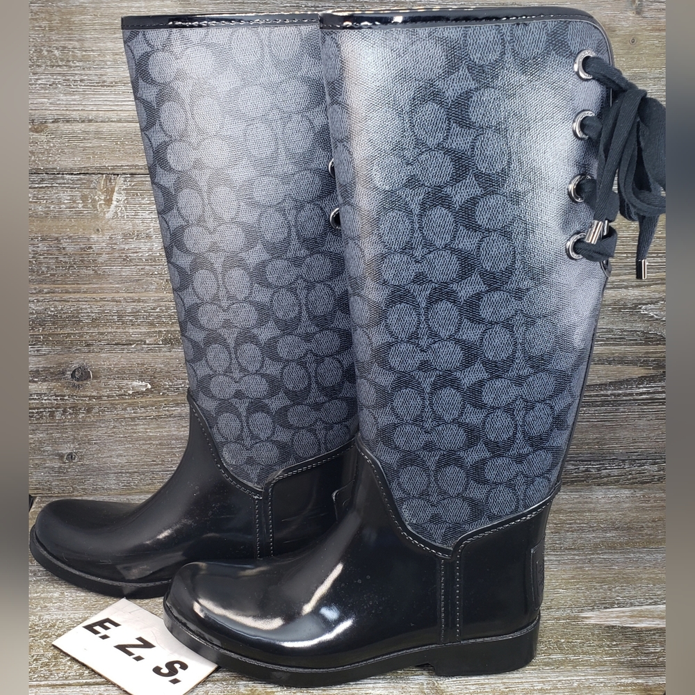COACH Black Jacquard Rubber Rain Boots Women Size 7 - Picture 3 of 8